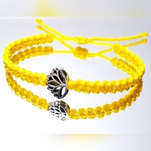 Lotus flower bracelet, yellow string braided bracelet, silver color lotu…